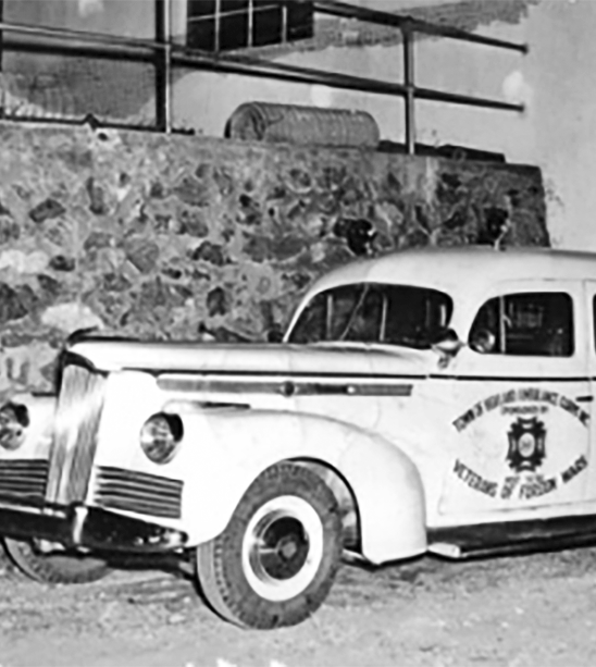 vintage ambulance Black and white photo of a 1950s ambulance